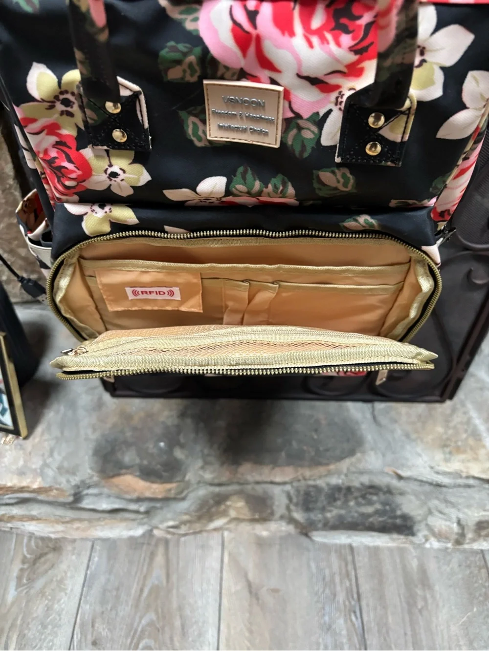 Floral Quilted Backpack Tote in Black and Pink Roses
